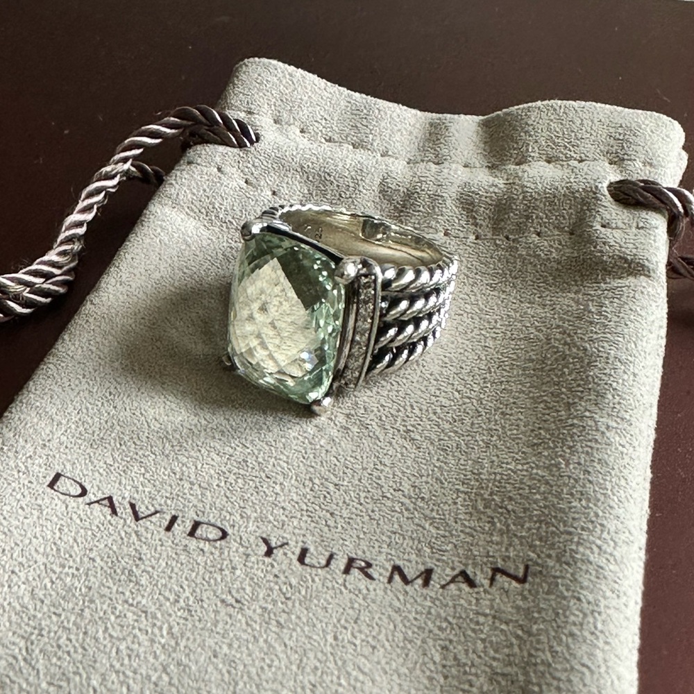 David Yurman Sterling Silver Prasiolite & Diamonds Wheaton Ring Size 5.9-6